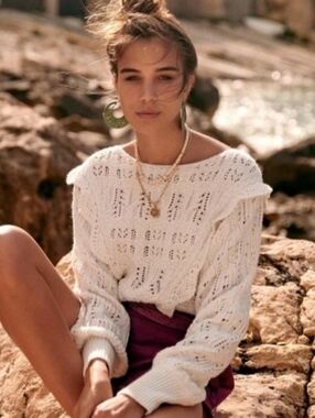 Sézane Aleyna ruffle pointelle knit cotton and baby alpaca sweater in ecru